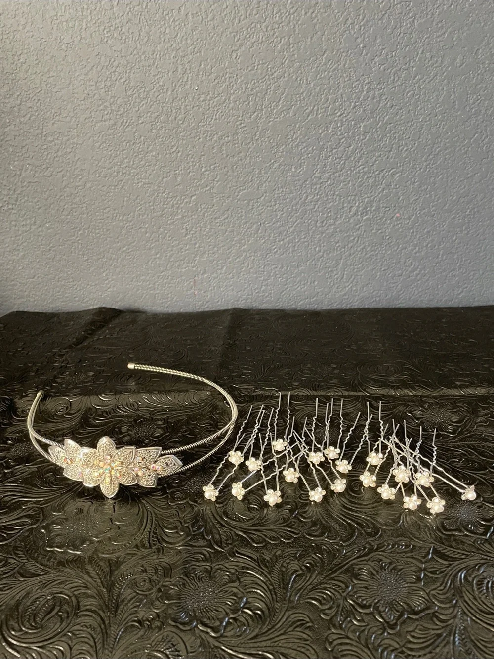 Silver Crystal Floral Headband with Pearl Hair Pins Set
